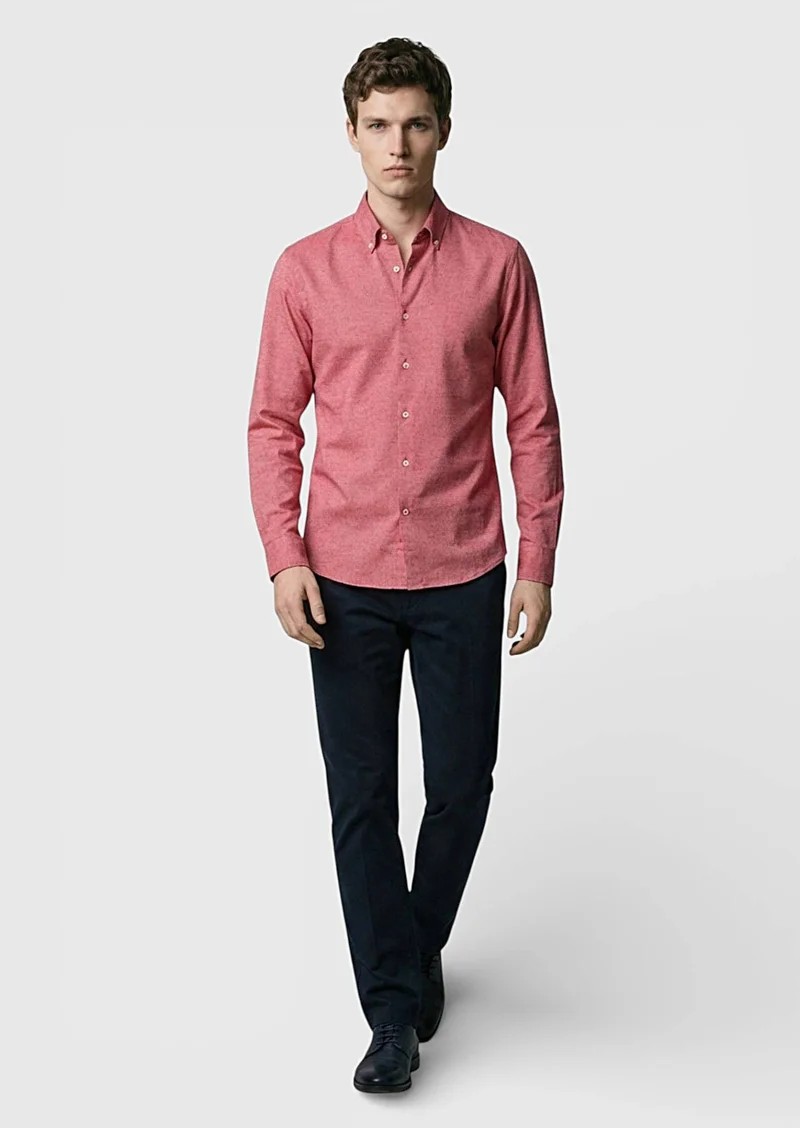 RAMSEY Red Plain Regular Fit Long Weaving Casual 100% Cotton Shirt