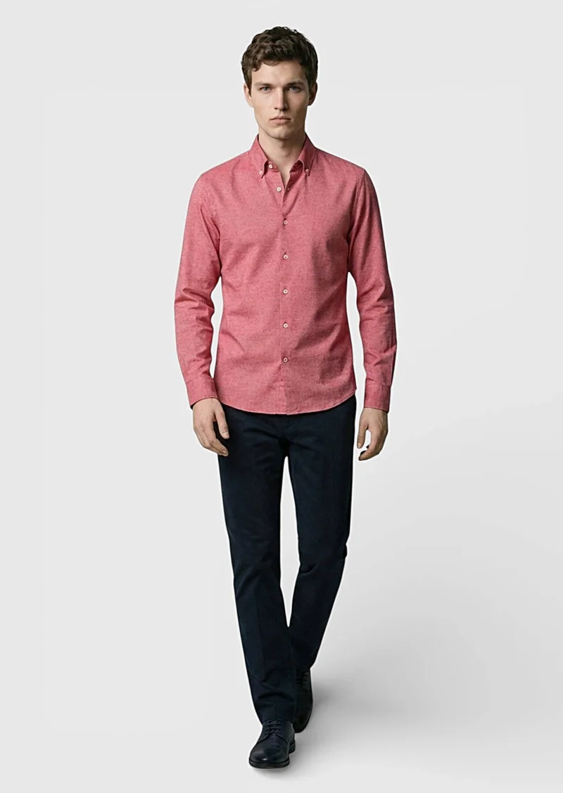 RAMSEY Red Plain Regular Fit Long Weaving Casual 100% Cotton Shirt