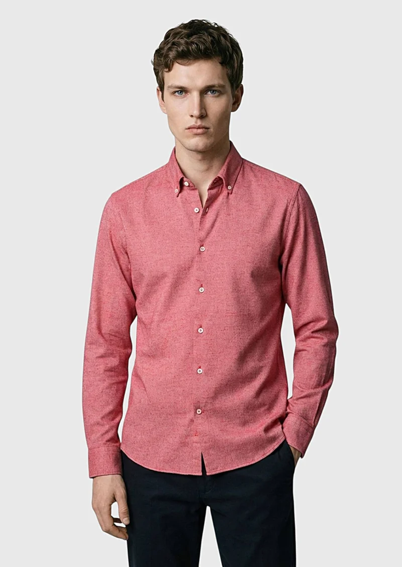 RAMSEY Red Plain Regular Fit Long Weaving Casual 100% Cotton Shirt