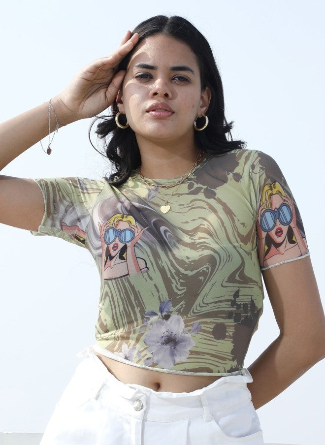 Athena بلوزة قصيرة شفافة باللون الزيتوني للنساء - Image 1