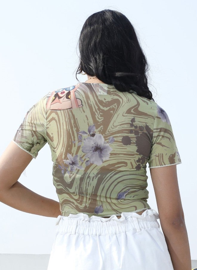 Athena بلوزة قصيرة شفافة باللون الزيتوني للنساء - Image 4