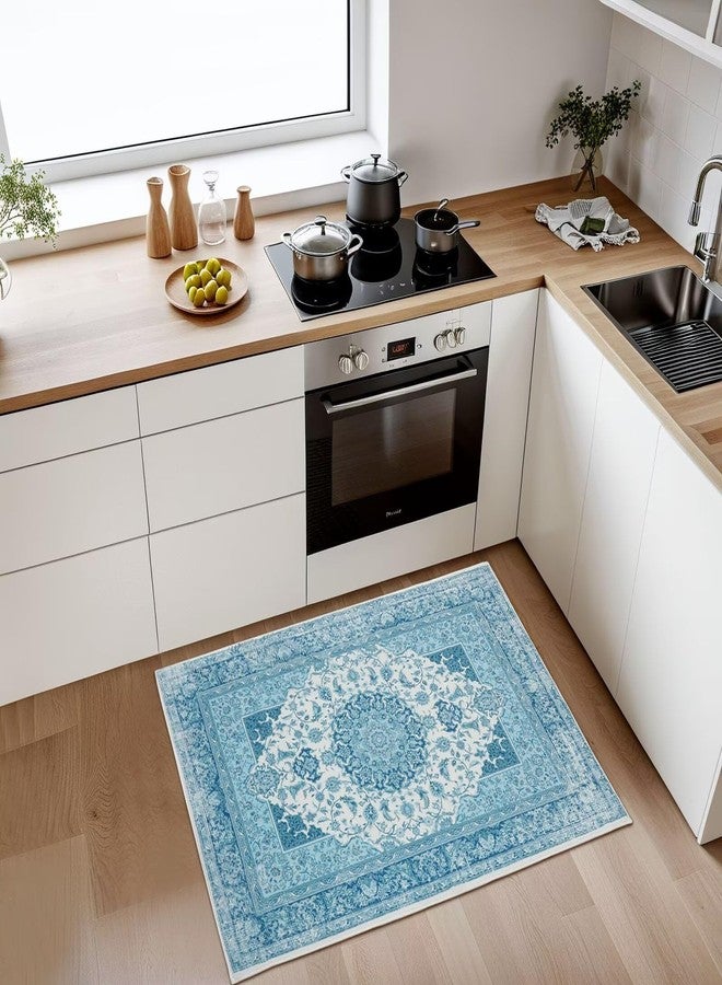 Macgace 2x3 Small Area Rug for Entryway, Soft Washable Rugs with Non-Slip Backing for Bedroom Kitchen, Vintage Throw Carpet Laundry Entry Door Decor, Blue & White - Image 3
