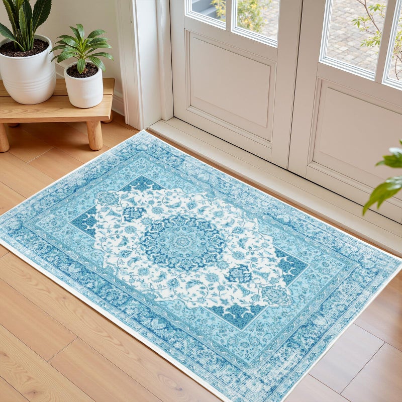 Macgace 2x3 Small Area Rug for Entryway, Soft Washable Rugs with Non-Slip Backing for Bedroom Kitchen, Vintage Throw Carpet Laundry Entry Door Decor, Blue & White - Image 1