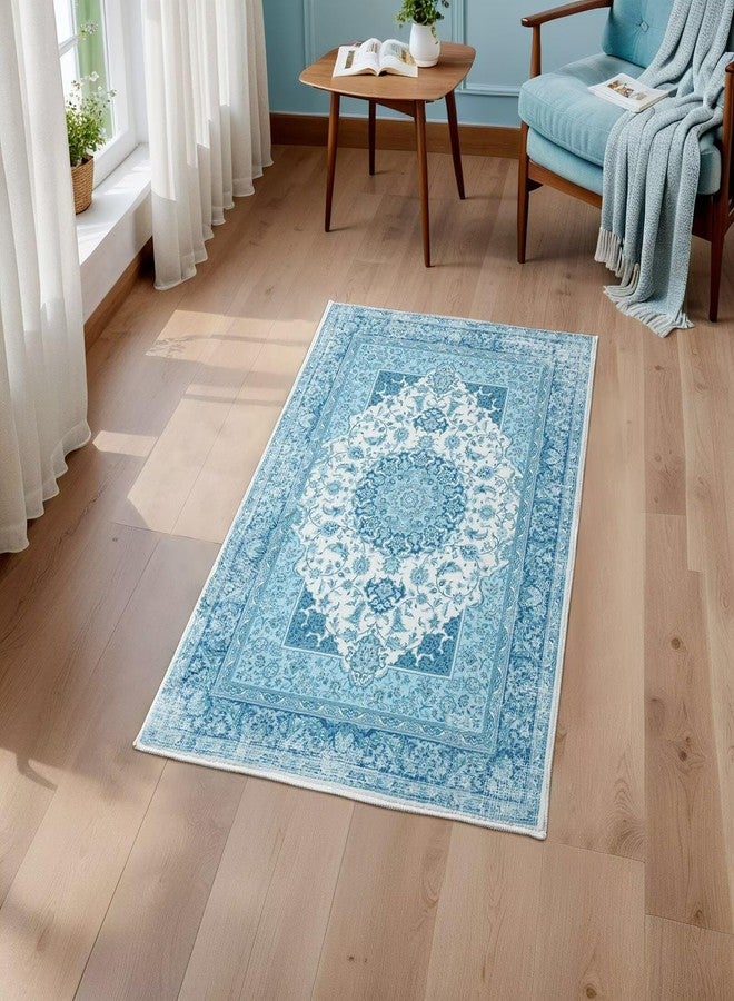 Macgace 2x3 Small Area Rug for Entryway, Soft Washable Rugs with Non-Slip Backing for Bedroom Kitchen, Vintage Throw Carpet Laundry Entry Door Decor, Blue & White - Image 2