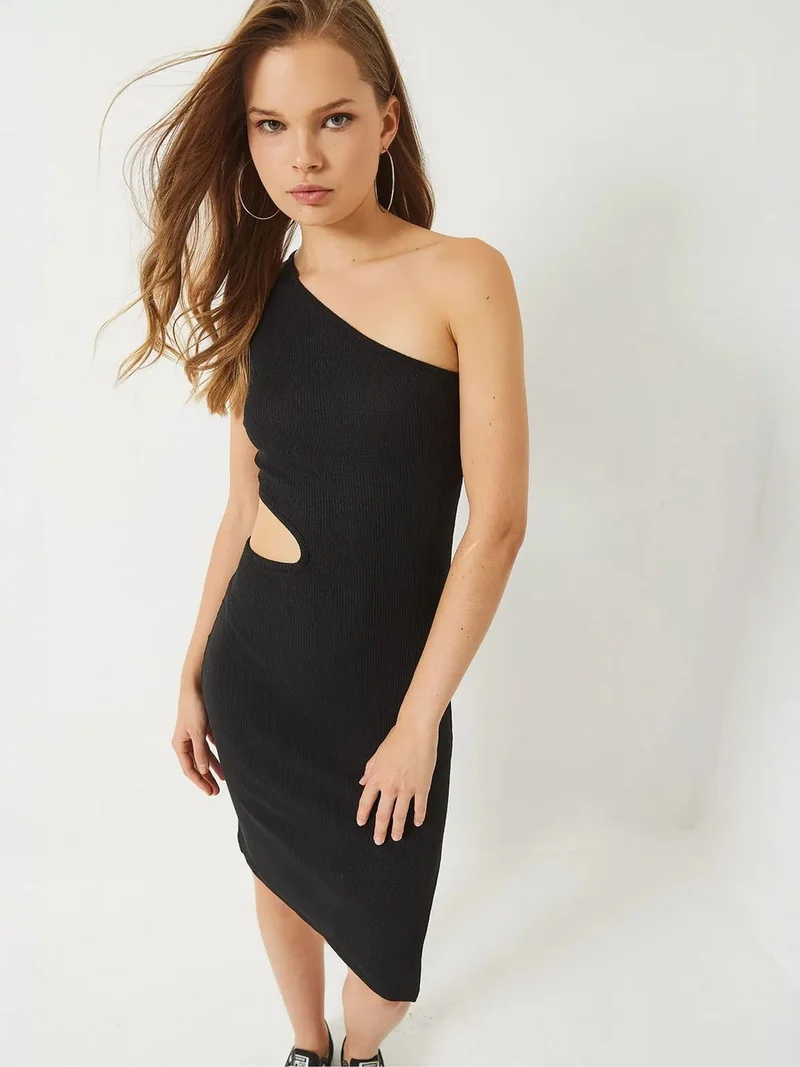 Bianco Lucci LUCCI Asymmetrical Collar Fitted Midi Dress with Slit