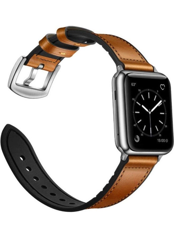 إسكدنيا سوار من الجلد الطبيعي والمطاط مصنوع مزيج مواد مختلفة لساعة Apple iWatch Series 6/SE/5/4/3/2/1 بني كلاسيك - Image 3