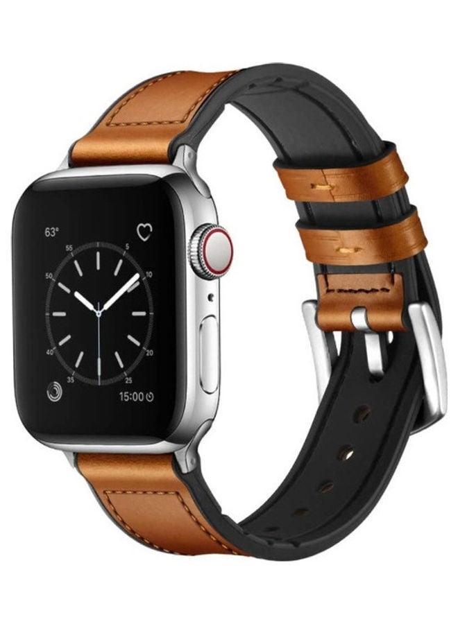 إسكدنيا سوار من الجلد الطبيعي والمطاط مصنوع مزيج مواد مختلفة لساعة Apple iWatch Series 6/SE/5/4/3/2/1 بني كلاسيك - Image 1
