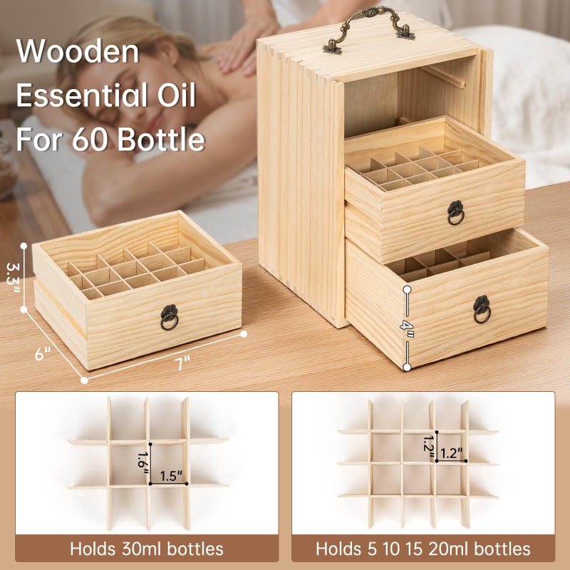 TORIBIO Essential Oils Box for 60 Bottles, Wooden Essential Oils Storage Organizer Holds 5 10 15 20 30 ml for Young Living & Doterra Bottles - Image 4