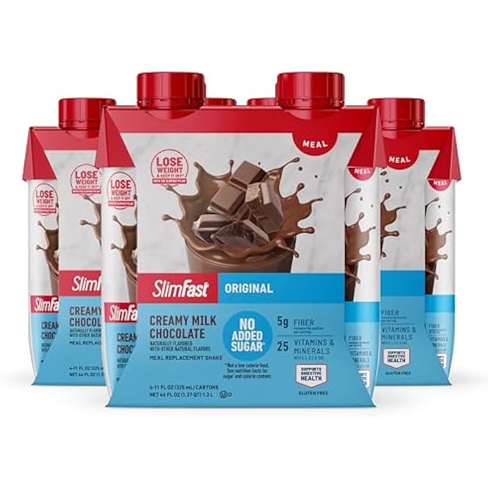 SlimFast Meal Replacement Shake, Original Creamy Milk Chocolate, No Added Sugar, Meal Replacement Shakes, 10g Ready to Drink Protein, 5g Fiber, 25 Vitamins and Minerals, 11 Fl. Oz, 12 Count - Image 1