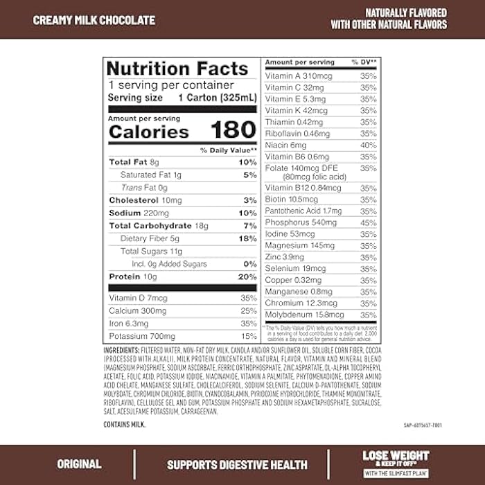 SlimFast Meal Replacement Shake, Original Creamy Milk Chocolate, No Added Sugar, Meal Replacement Shakes, 10g Ready to Drink Protein, 5g Fiber, 25 Vitamins and Minerals, 11 Fl. Oz, 12 Count - Image 2