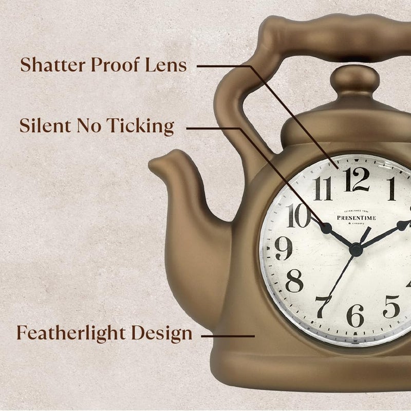 Presentime & Co. 11" Teapot Clock, Silent Non Ticking, Modern Farmhouse Style, Wall & Mantel 2 in 1 Desk & Shelf Clock, Bronze Finish for Wall, Home, and Tabletop Decor, Bronze Finish - Image 2