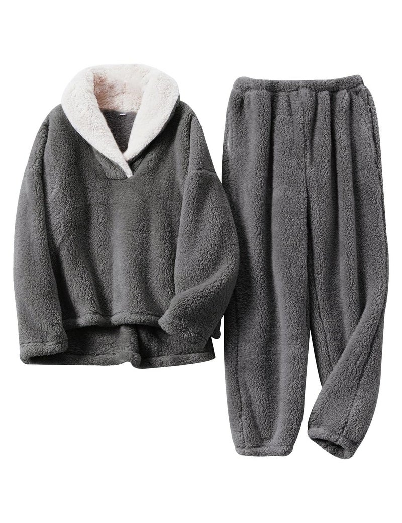 Arssm Mens Fluffy Pajamas Set 2 Piece Fleece Pjs Loose Plush Winter Warm Cozy Loungewear Sleepwear(Darkgrey-L) - Image 1
