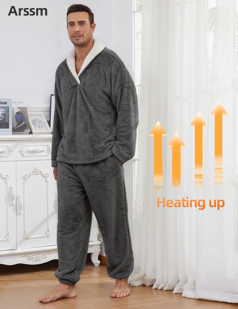 Arssm Mens Fluffy Pajamas Set 2 Piece Fleece Pjs Loose Plush Winter Warm Cozy Loungewear Sleepwear(Darkgrey-L) - Image 5