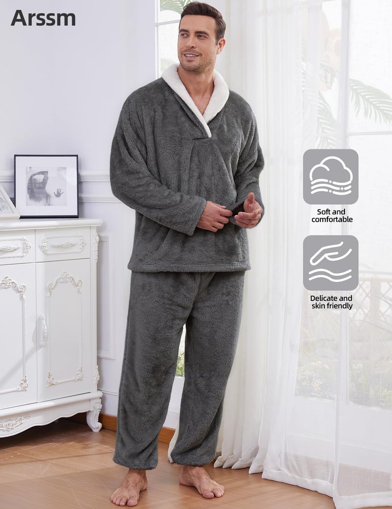 Arssm Mens Fluffy Pajamas Set 2 Piece Fleece Pjs Loose Plush Winter Warm Cozy Loungewear Sleepwear(Darkgrey-L) - Image 2