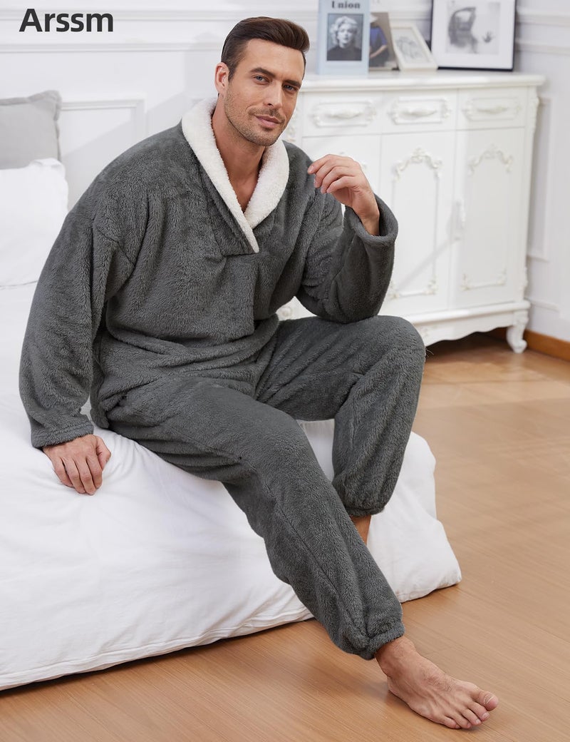 Arssm Mens Fluffy Pajamas Set 2 Piece Fleece Pjs Loose Plush Winter Warm Cozy Loungewear Sleepwear(Darkgrey-L) - Image 3