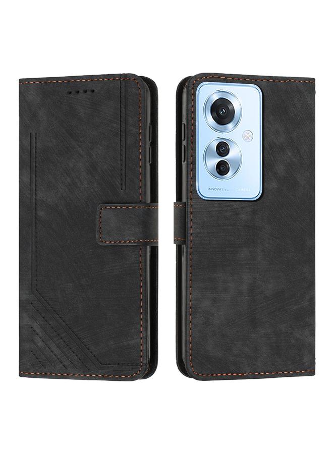 S-TOP Case For OPPO Reno11 F Skin Feel Stripe Pattern Leather Phone Case with Lanyard - Image 1