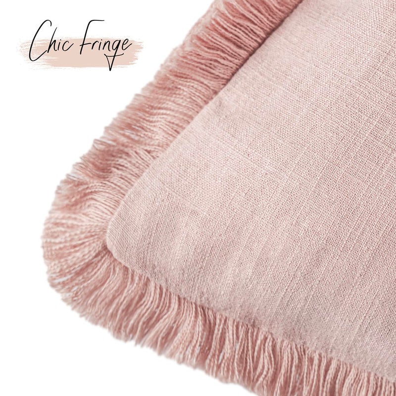 Foindtower Set of 2 Decorative Linen Fringe Throw Pillow Covers Boho Farmhouse Cushion Cover with Tassels Soft Accent Pillowcase for Couch Chair Sofa Bed Living Room Home Decor,24Ã—24 Inch,Light Pink - Image 3