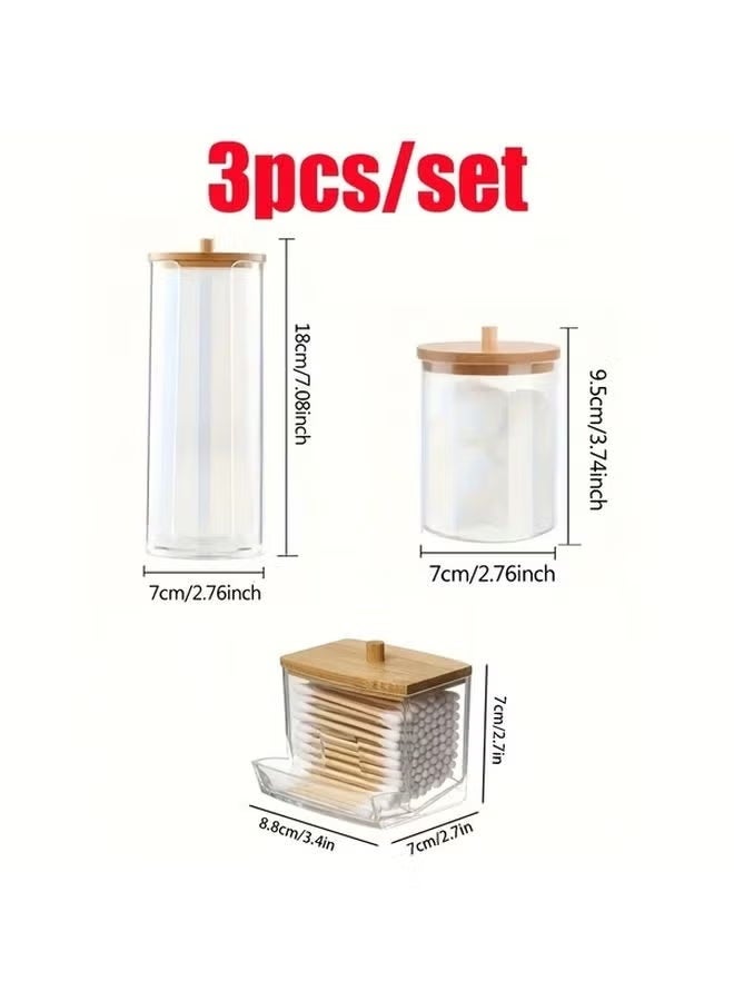 O2. 3PCS Clear Cotton Swab & Ball Holder Set with Bamboo Lids – Transparent Bathroom Organizer Storage Canisters for Cotton Pads, Floss Picks & Accessories - Image 3