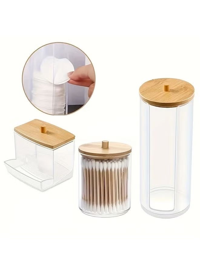 O2. 3PCS Clear Cotton Swab & Ball Holder Set with Bamboo Lids – Transparent Bathroom Organizer Storage Canisters for Cotton Pads, Floss Picks & Accessories - Image 1