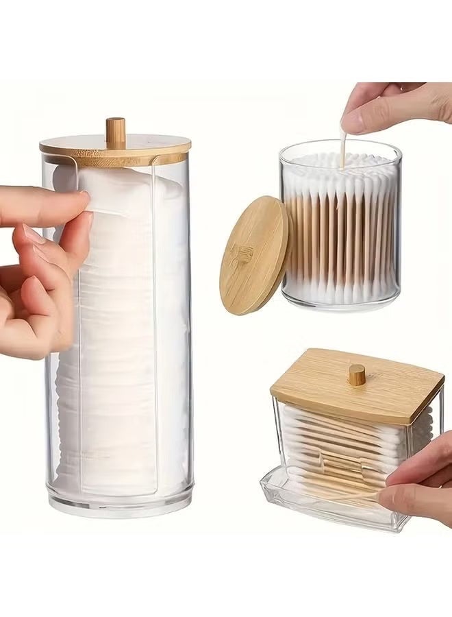 O2. 3PCS Clear Cotton Swab & Ball Holder Set with Bamboo Lids – Transparent Bathroom Organizer Storage Canisters for Cotton Pads, Floss Picks & Accessories - Image 2
