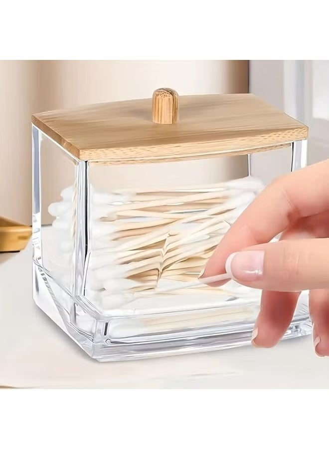 O2. 3PCS Clear Cotton Swab & Ball Holder Set with Bamboo Lids – Transparent Bathroom Organizer Storage Canisters for Cotton Pads, Floss Picks & Accessories - Image 5