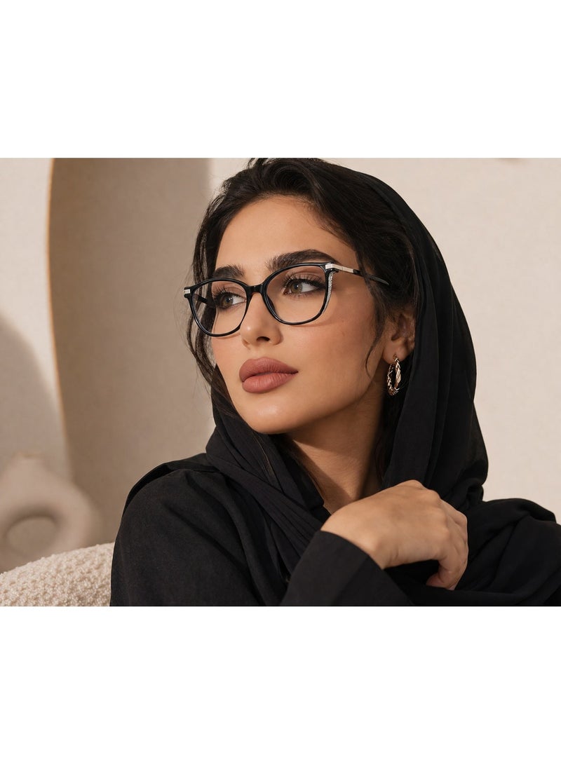 نظارات نسائية سوداء عين القط لحجب الضوء الأزرق، إطار بلاستيكي كامل مع ذراع مزين باللمع، عدسات مضادة للضوء الأزرق UV400 - Image 2