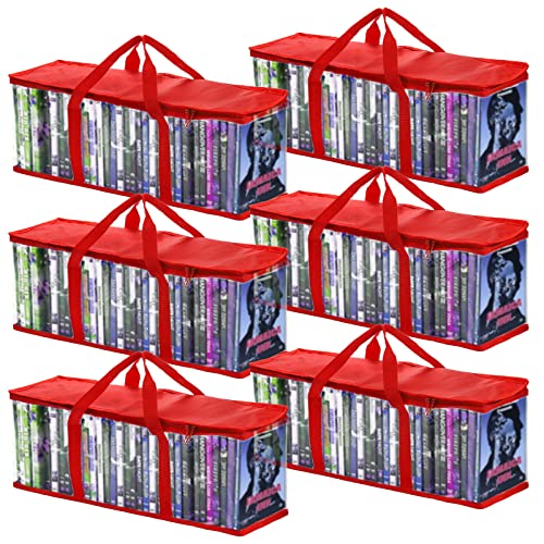 Fasmov 6 Pack DVD Storage Bags Hold up to 240 DVDs (40 Each Bag), Water Resistant DVD Holder Case with Handles, Transparent PVC Media Storage for DVDs, CDs, Video Games, Books, Red - Image 1