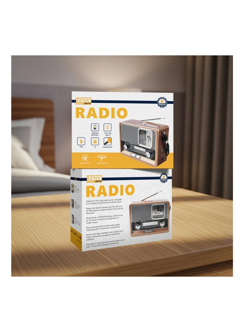 Denx Portable Retro Radio Speaker with Bluetooth, FM/AM/SW, USB & TF Card Support, Rechargeable Battery 1200mAh, Built-in Flashlight & LED Light, Vintage Design Wireless– DENX DX718 1 year warranty - Image 2