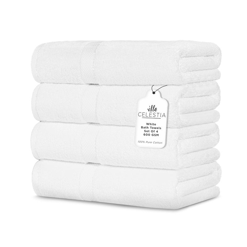 Villa Celestia 600 GSM 100 Cotton Bath Towels White Set of 4 Highly Absorbent Plush Soft Quick Dry 4 Pieces Combed Cotton Luxury Towels for Hotels Spa Salon Bathroom Dorm Pack of 4