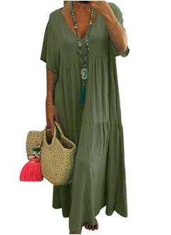 Loquat Womens Summer Loose Casual Short Sleeve Dresses Solid Color V-Neck Ruffled Maxi Dress Dark Green 