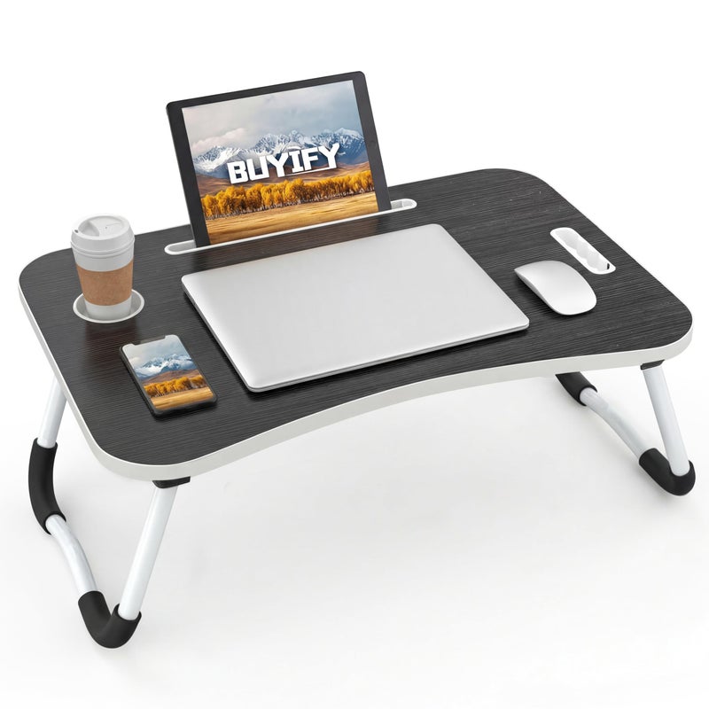 BUYIFY Folding Lap Desk, 23 Inch Portable Wood Black Laptop Bed Desk Lap Desk with Cup Holder, for Working Reading Writing, Eating, Watching Movies for Bed Sofa Couch Floor - Image 1