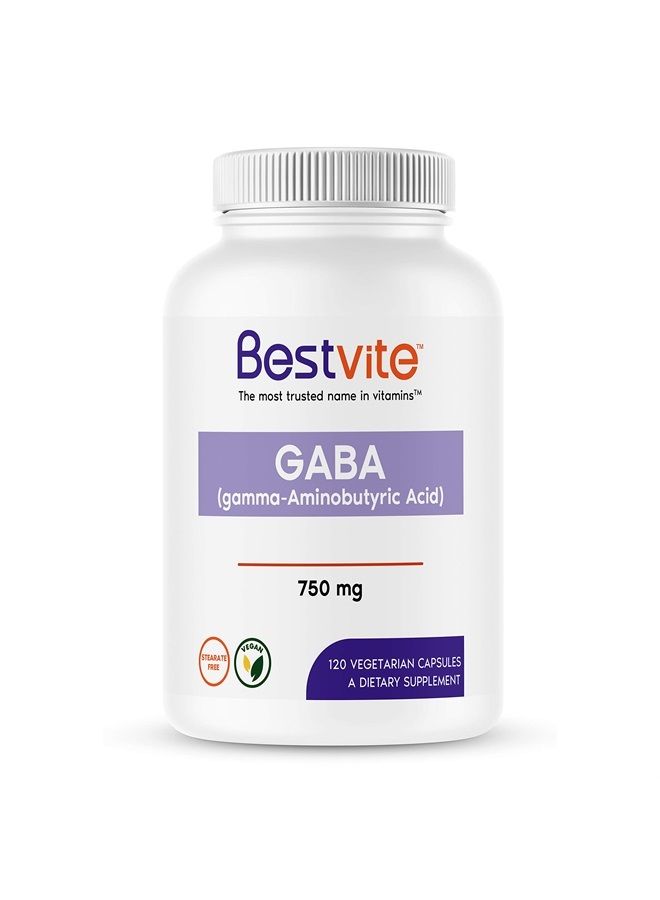 BESTVITE GABA 750mg per Capsule (120 Vegetarian Capsules) - No Stearates - No Fillers - Vegan - Gluten Free - Non GMO - Image 1