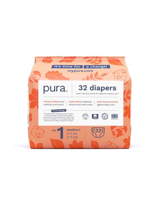 Pura Size 1 Ecofriendly Diapers (411Lbs) Hypoallergenic Soft Organic Cotton Comfort Sustainable Wetness Indicator Allergy Uk Certified. Newborn 1 Pack Of 32 Baby Diapers - Image 1