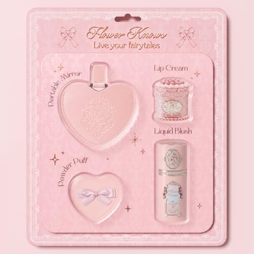 Flower Knows Strawberry Kiss Delight Set 4 Pieces Strawberry Cupid Makeup Gift KitIncludes Lip CreamLiquid BlushPortable MirrorPowder PuffPortable Beauty for Women Girls - Image 1