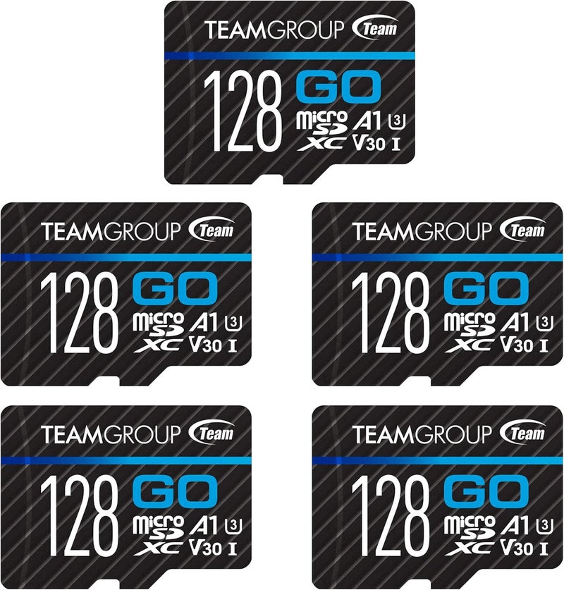 TeamGroup بطاقة GO 128GB × 5 حزمة MicroSDXC UHS-I U3 V30 4K لكاميرات الحركة والطائرات بدون طيار بطاقة ذاكرة فلاش عالية السرعة مع محول للرياضات الخارجية والفيديوهات، تصوير 4K، GoPro وInsta360 وDJI TGUSDX128GU363 - Image 1