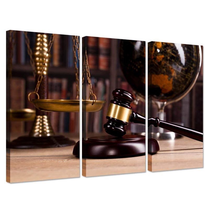 iHAPPYWALL Vintage Law Office Room Decor 3 Pieces Canvas Wall Art Law Firm Scales Justice Legal Hammer Picture On Canvas for Court Decoration Ready to Hang