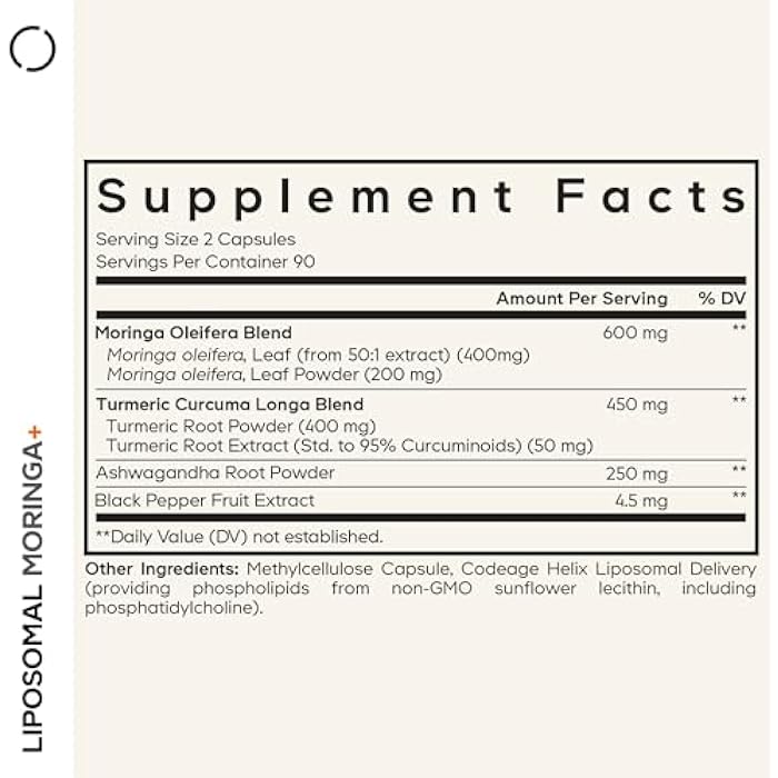 Codeage Liposomal Moringa+ Supplement, 400mg Moringa 50:1 Extract - Turmeric, Ashwagandha, Black Pepper, 3-Month Supply, Vegan Moringa Powder - 180 Capsules - Image 2