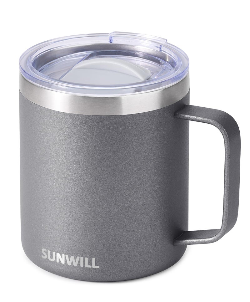 SUNWILL Travel Coffee Mug with Lid Insulated Tumbler with Handle 14 oz Stainless Steel Cup for Ice Water Tea Powder Coated Cool Grey