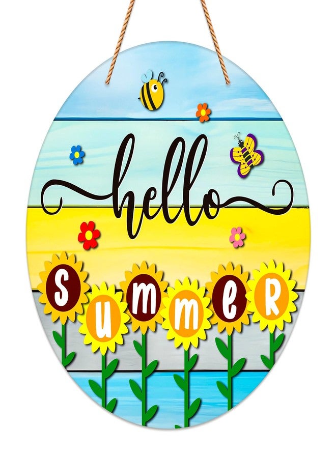 JUESMOS Hello Summer Door Decorations 11.5" Round Sunflowers Welcome Sign for Front Door Decor Farmhouse Hello Summer Hanger Sign for Porch Wreaths Home Office Wall Decorations - Image 1