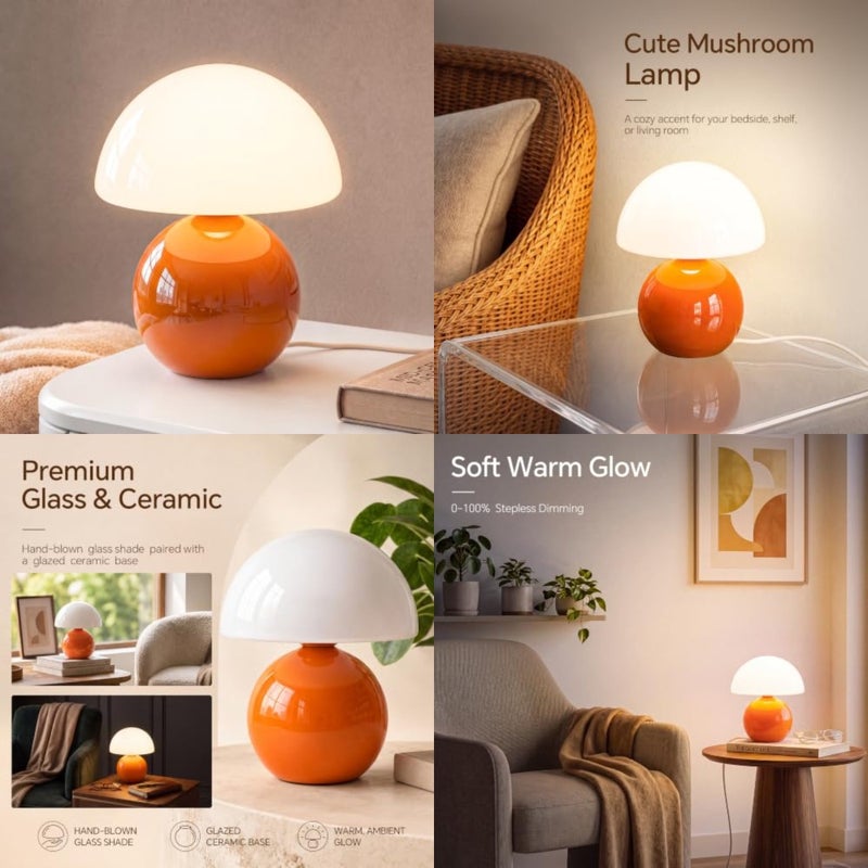 Mushroom Lamp Small Lamp, Table Bedside Nightstand Lamp for Bedroom, Cute Mini Modern Lamp Dimmable, Unique Aesthetic Home Decor for Living Room Girl Gifts, Ceramic Base Glass Lamp - Image 1