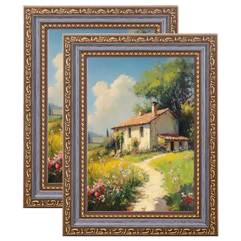 eletecpro 5x7 Picture Frames Set of 2, Vintage Frames with Glass Cover, Retro 5 x 7 Photo Frame Displays 4x6 Photo with Mat or 5x7 without Mat for Tabletop or Wall Decor, Blue Gold - Image 1