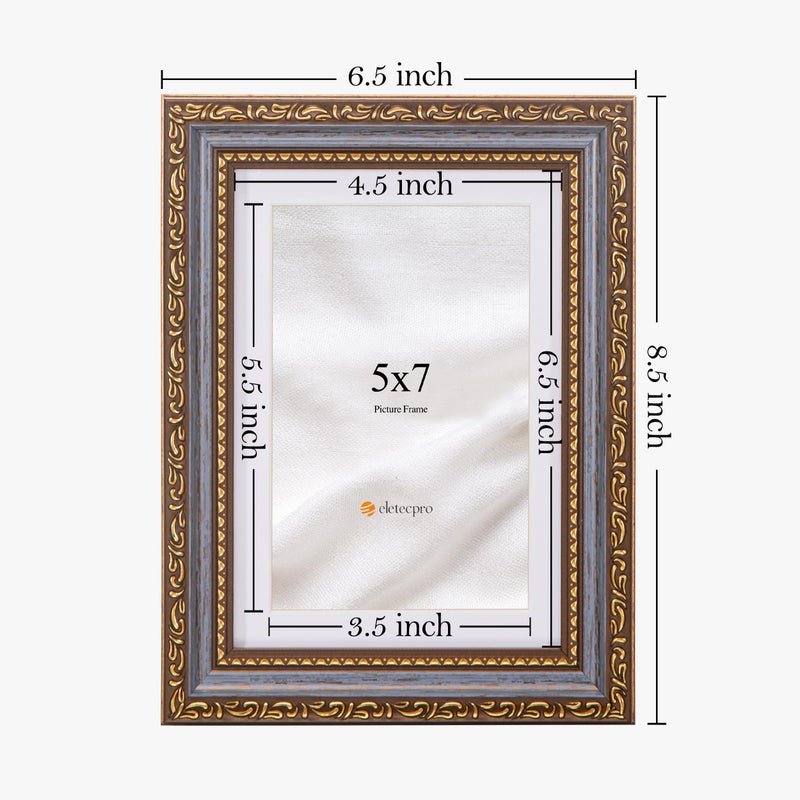 eletecpro 5x7 Picture Frames Set of 2, Vintage Frames with Glass Cover, Retro 5 x 7 Photo Frame Displays 4x6 Photo with Mat or 5x7 without Mat for Tabletop or Wall Decor, Blue Gold - Image 3