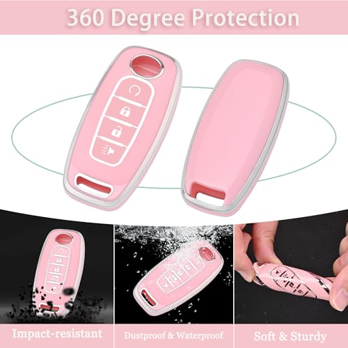 JAMCARI Key Fob Cover for Nissan - 4 Buttons Soft TPU Key Fob Case for 2023 2024 Pathfinder Rogue Versa kicks 2025 Sentra Patrol Armada Full Protection Car Key Cover with Bling Keychain (Pink) - Image 3