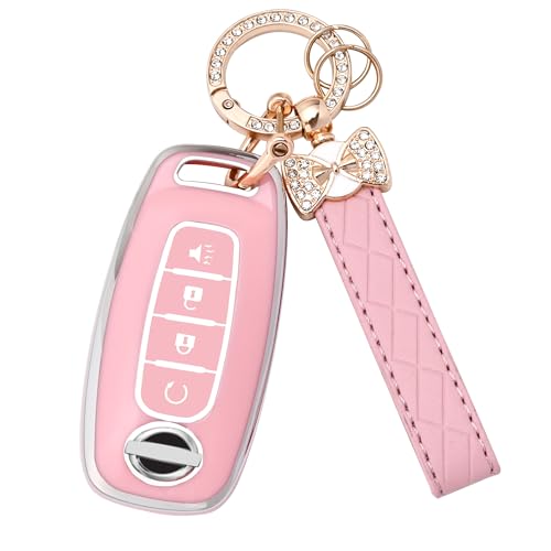 JAMCARI Key Fob Cover for Nissan - 4 Buttons Soft TPU Key Fob Case for 2023 2024 Pathfinder Rogue Versa kicks 2025 Sentra Patrol Armada Full Protection Car Key Cover with Bling Keychain (Pink) - Image 1