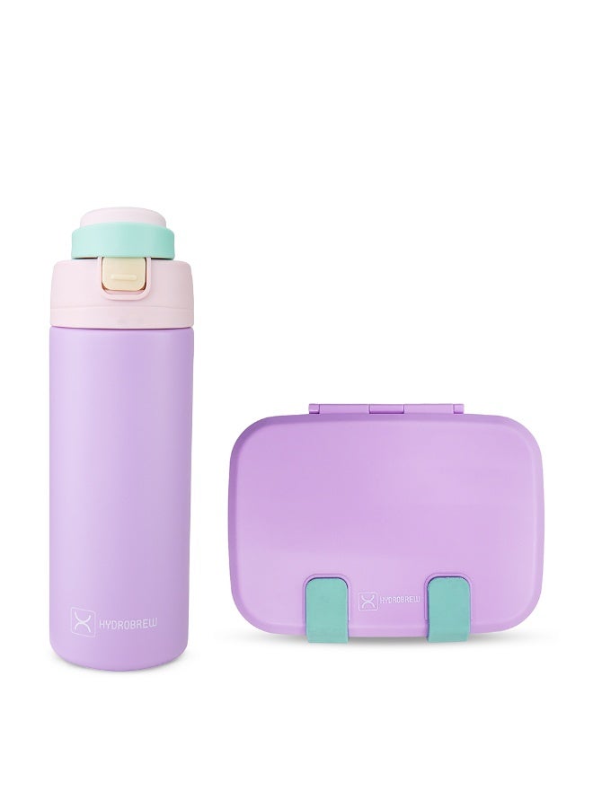 Hydrobrew Steel Core Bento Lunch Box 839ml w/ SipSwitch Insulated Water Bottle 720ml | Stainless Steel Leakproof Meal Box – Orchid Mist - Image 1