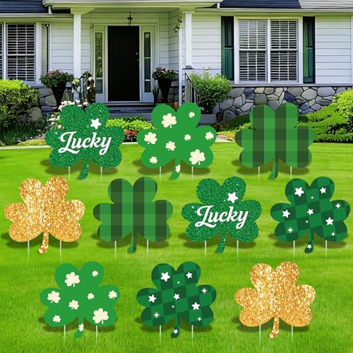 ComboJoy 10 Pcs St Patrick's Day Decorations Outdoor, St Patricks Day Decorations Yard Signs with Stakes, Large Green and Gold Clover Signs for Irish-Themed Party Favor, Shamrock Decor for Yard Lawn Garden - Image 1