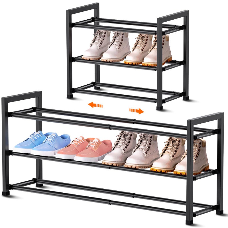 Bumusty 3-Tier Expandable Shoe Rack for Closet, 18â€œ-33â€ Adjustable Shoe Rack for Small Space, Small Shoe Organizer for Front Door, Sturdy Metal, Black - Image 1