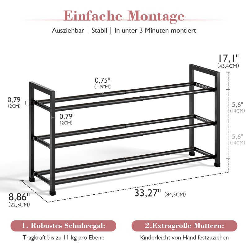 Bumusty 3-Tier Expandable Shoe Rack for Closet, 18â€œ-33â€ Adjustable Shoe Rack for Small Space, Small Shoe Organizer for Front Door, Sturdy Metal, Black - Image 3