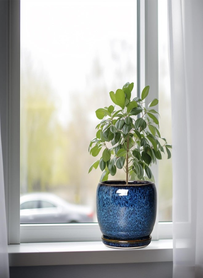 SQOWL Ceramic Planter 8 Inch - Pot for Indoor Outdoor Plants Round Ceramic Plant Pot with Drainage Hole and Saucer Modern Flower Pot Glazed Blue - Image 4