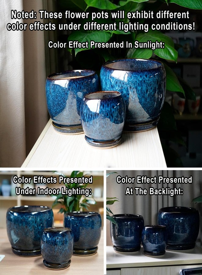 SQOWL Ceramic Planter 8 Inch - Pot for Indoor Outdoor Plants Round Ceramic Plant Pot with Drainage Hole and Saucer Modern Flower Pot Glazed Blue - Image 5